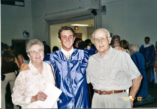 Ryan Miner with his grandparents Dick and Maureen Hann at his high school graduation, June 2003