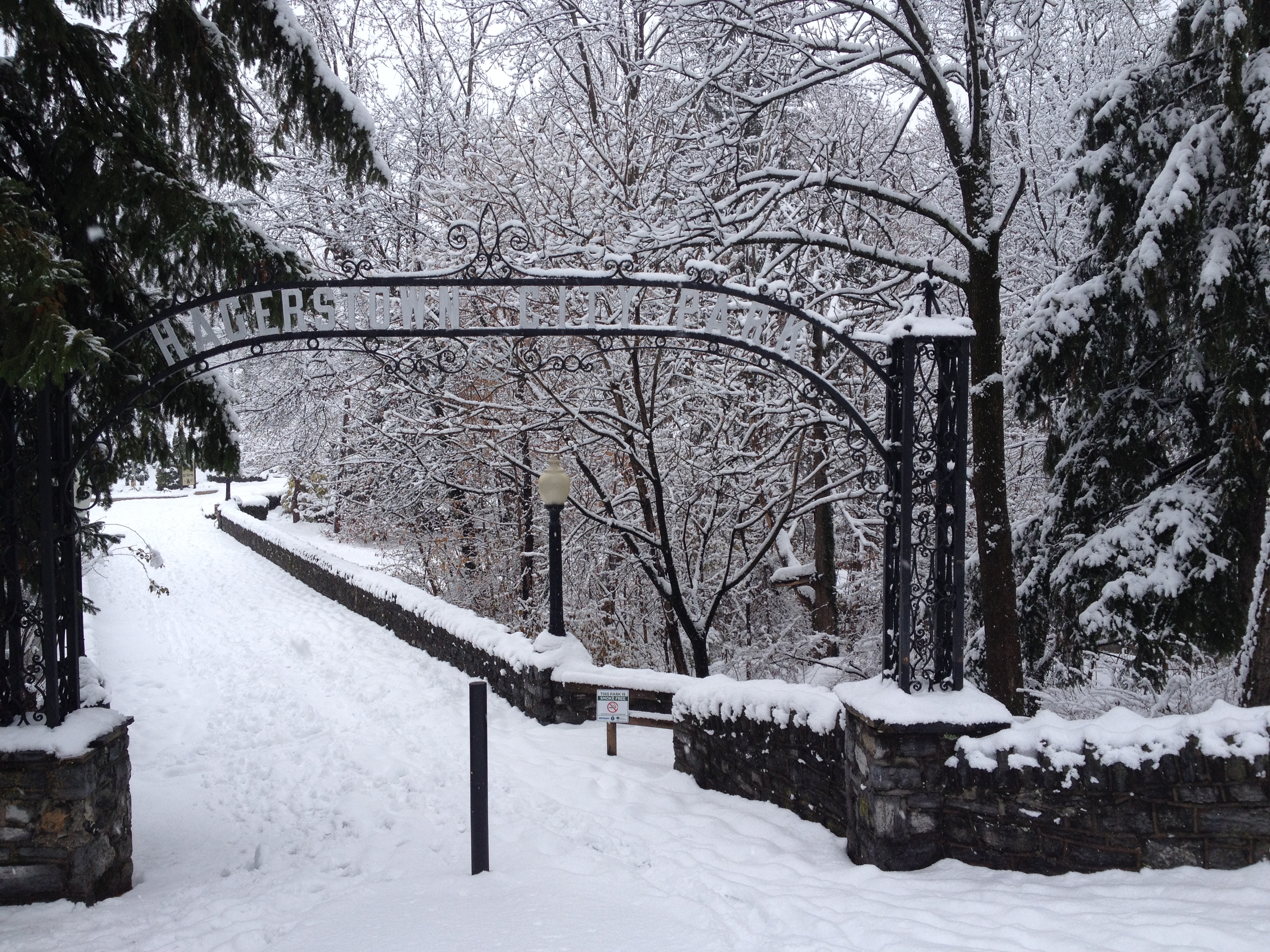Hagerstown City Park entrance gate covered in snow, January 2014
